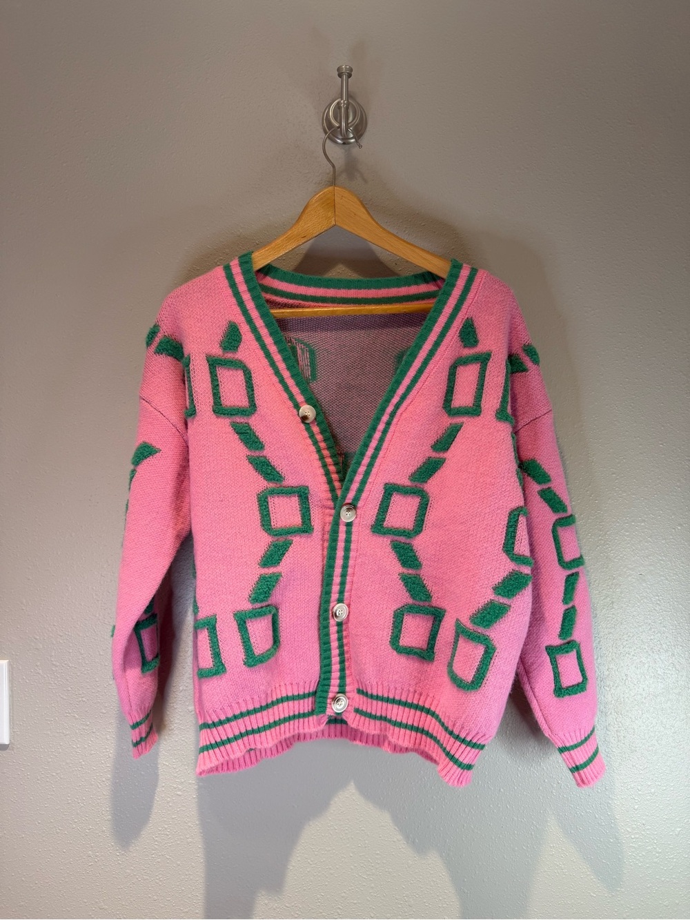 Retro Pink & Green Geometric Knit Cardigan - Button Front Size Medium
